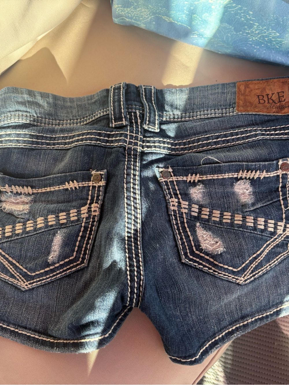 BKE Women's Dark Blue Distressed Denim Shorts
